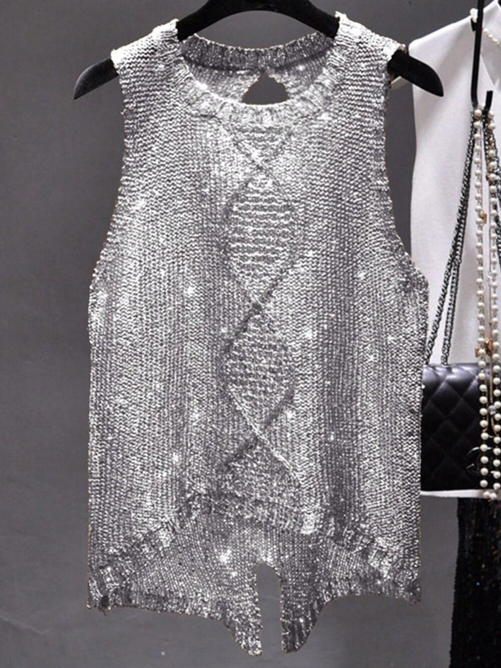 Grey Casual Women's Sleeveless Metallic Knit Tank Top - Picture 1 of 4